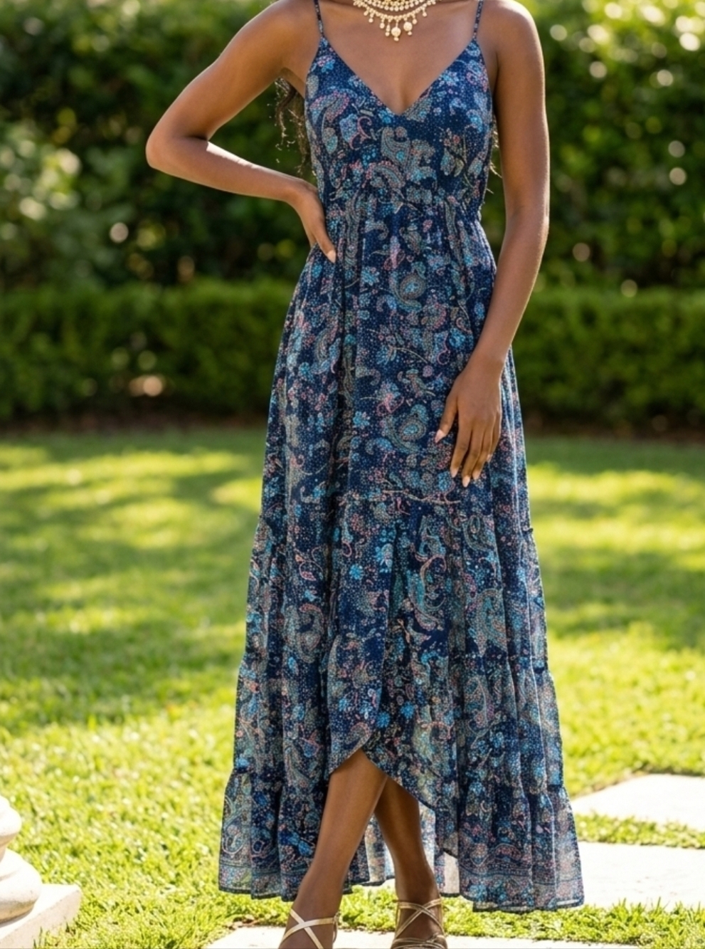 The Rhea Parui Women's Navy Floral Maxi Dress - V-Neck Spaghetti Strap - Picture 2 of 10